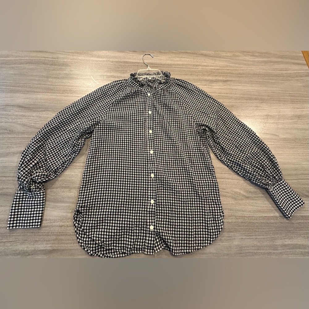 J Crew Ruffle Neck Button-Up Shirt in Black/White Plaid, Size 2